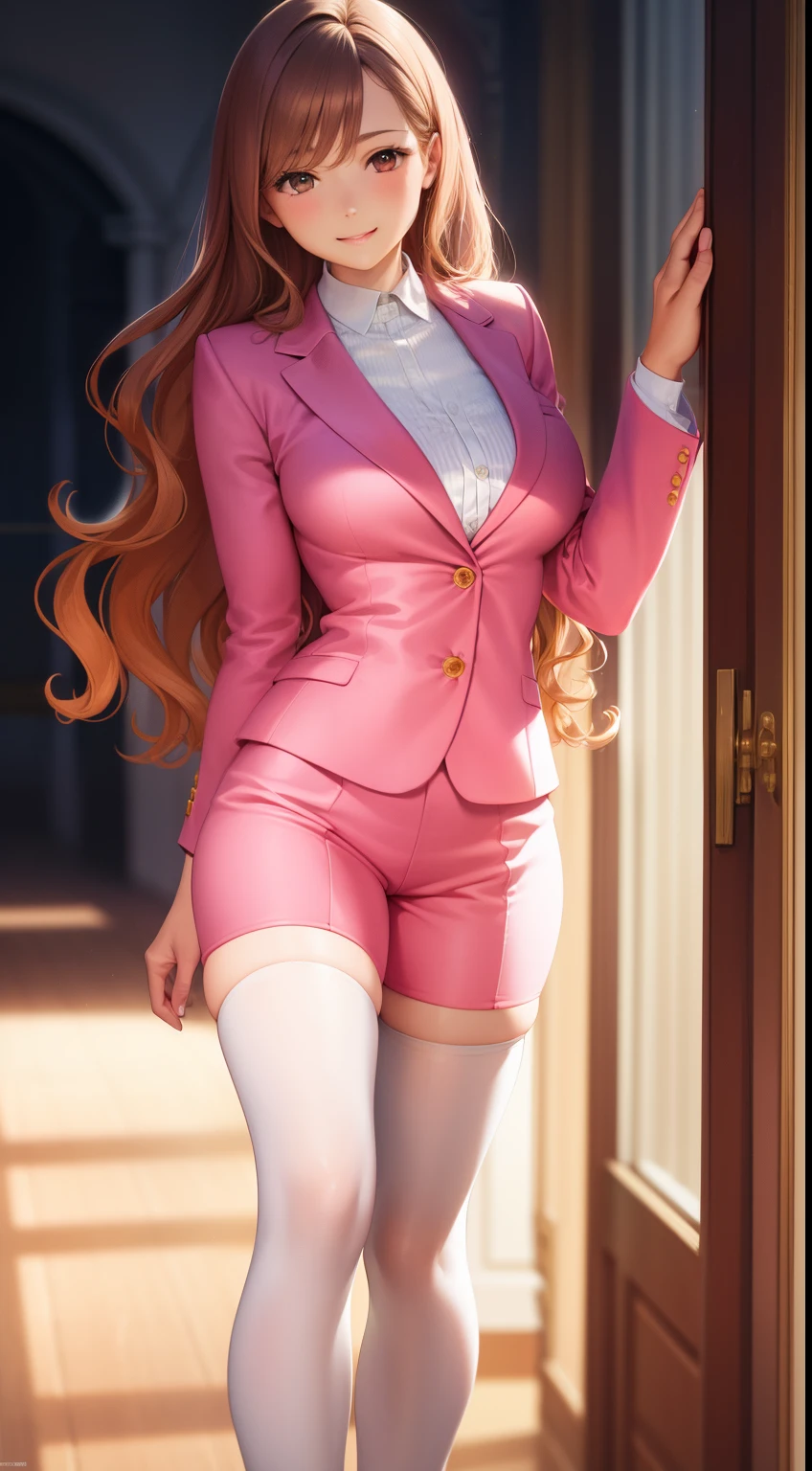 (masterpiece), maximum quality, 1girl, solo, pink suit, pink jacket, cleavage, younature female, medium breasts, lips, looking at viewer, standing, long white stockings, thighband stockings, brown hair, long hair, curly hair, brown eyes, full body, white shirt, collared shirt, smile, closed mouth, pink business suit,