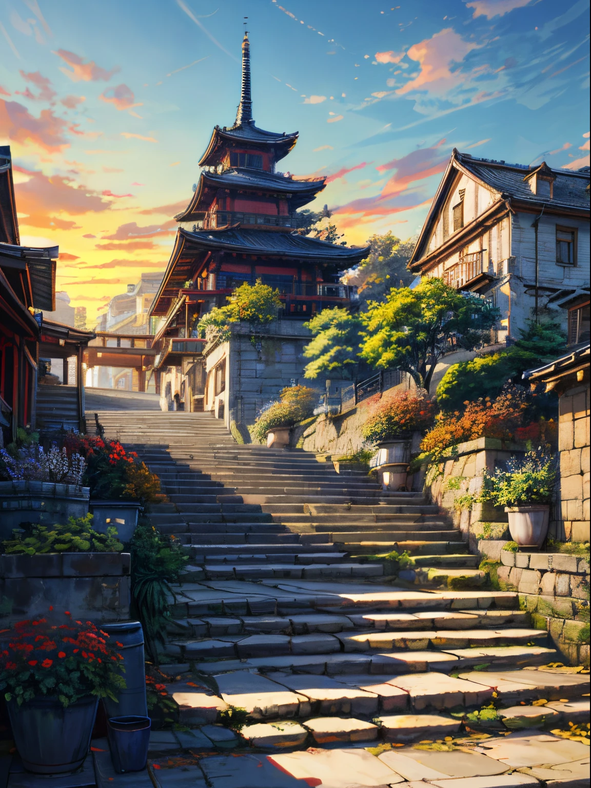 Downtown Market Area, stone stairs, harvest festival atmosphere,Oriental design,Trees,((detaile)), ((Sharp details)),Digital Painting, Sunset,wind,Concept art, Illustration, Convoluted, Happy, Daytime in autumn, Blue sky, flower, Plants ((Tileset))