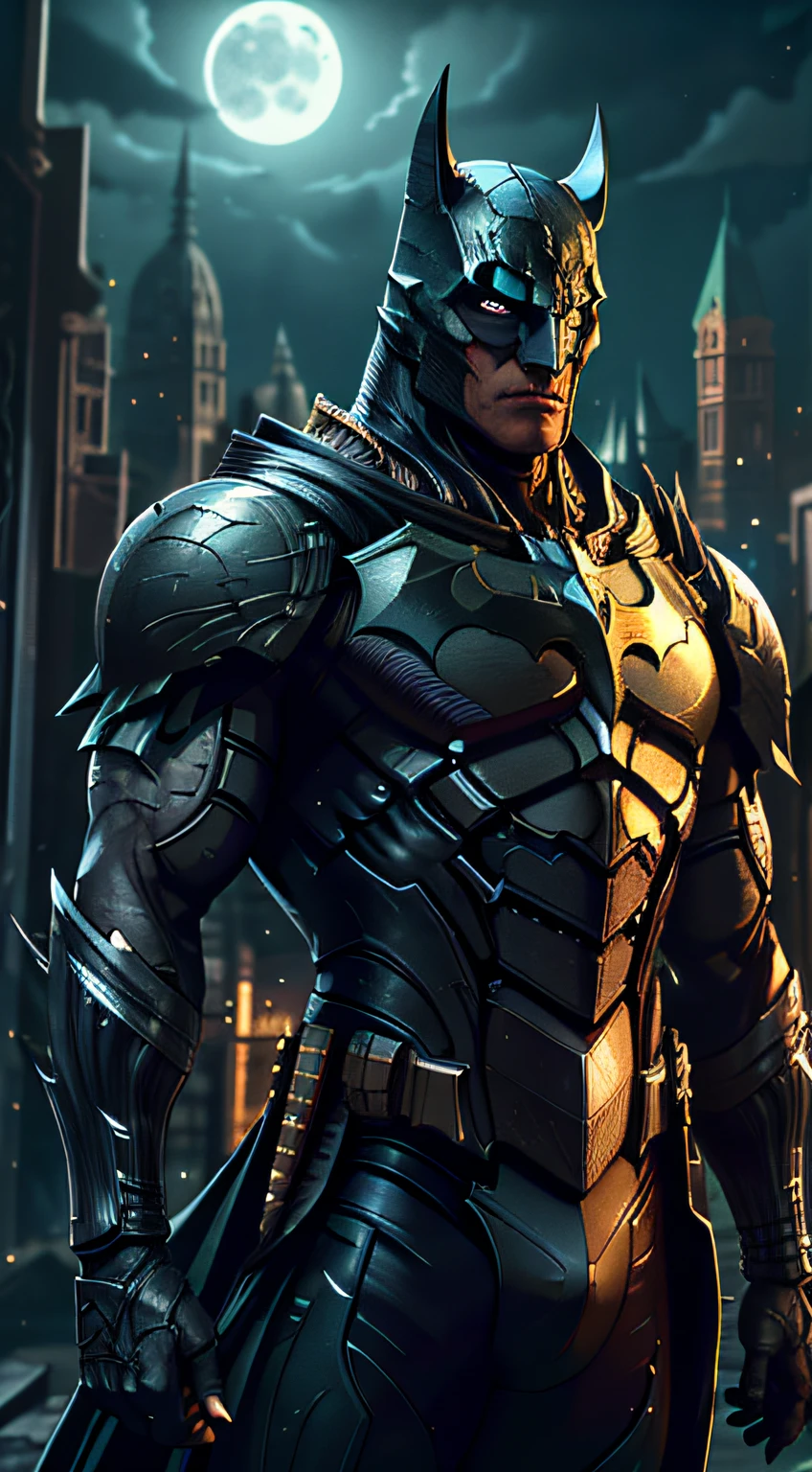 Batman of the Dark Knight stands towering in a lost Gotham city. Moonlight highlights your muscles and scars. El paisaje es exuberante y misterioso, With futuristic technology, Su traje es dorado, como caballeros del zodiaco. big muscles.