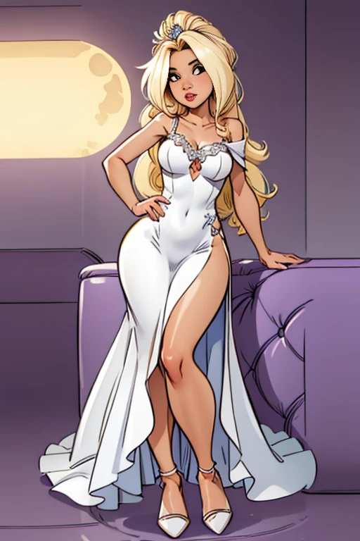 Photo of an 18-year-old girl with blonde hair and brown eyes, big breasts with a little cleavage, a big butt, Ava Young, (Amazing skin details: 1.4), (natural skin: 1.2), (pores: 0.6), (detailled eyes: 1.2), (bokeh: 1.2), (fotografia), (filmic), (photorealestic), (Ultrarealistic), in the winding streets of a romantic old town. She wears an elegant dress and flat shoes, walks over cobblestones, while the old buildings and flower balconies in the background create a picturesque atmosphere.