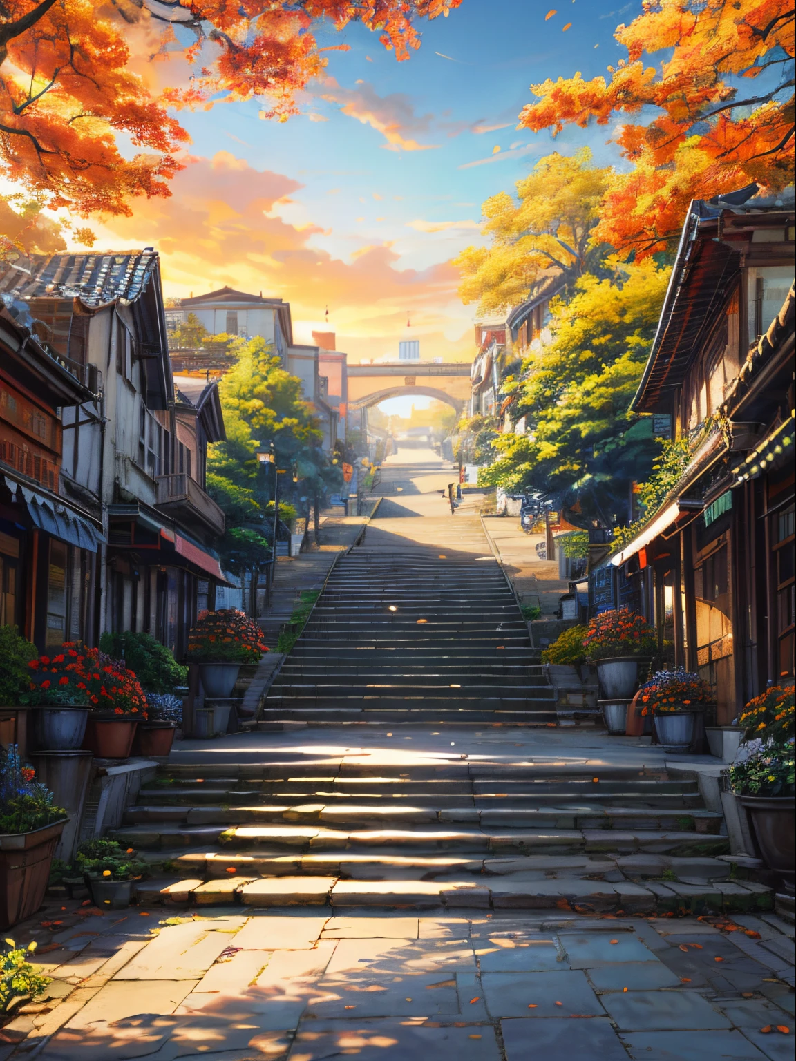 Downtown Market Area, stone stairs, harvest festival atmosphere,Oriental design,Trees,((detaile)), ((Sharp details)),Digital Painting, Sunset,wind,Concept art, Illustration, Convoluted, Happy, Daytime in autumn, Blue sky, flower, Plants ((Tileset))