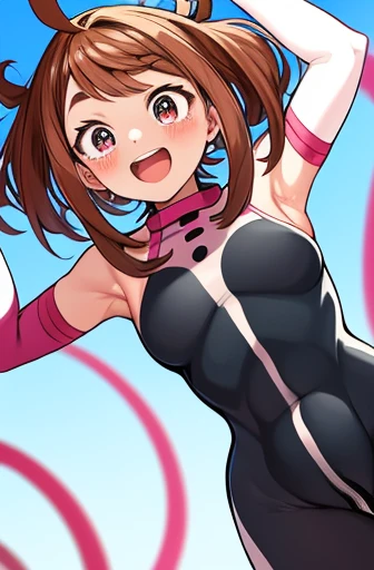 masterpiece, best quality, highres, hmochako, blush stickers, short hair, medium breasts, superhero, bodysuit, cowboy shot, standing, smile,