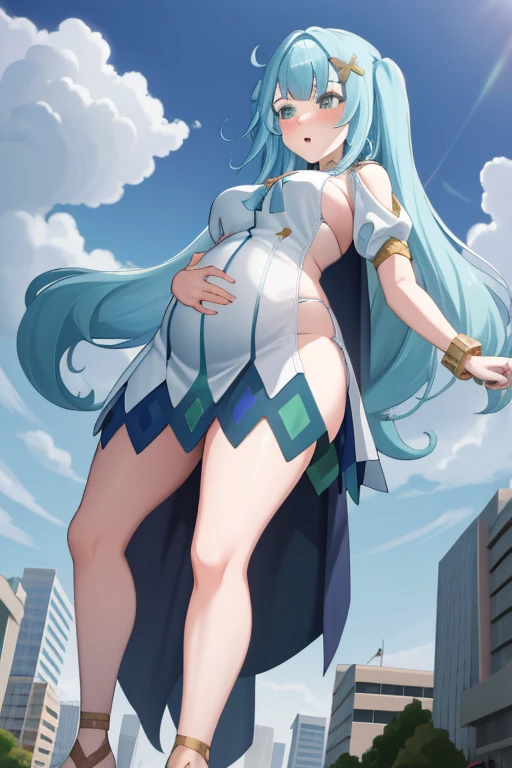 Giant maiden,Moe two-dimensional style,Pregnancy status,Round belly,Gaze at the bustling city, Lying down, Burp, Burping, Loud burp, Really loud burp, Can't stop burping, Rumbling belly, Embarrassed, Crop top, Panties, Full body