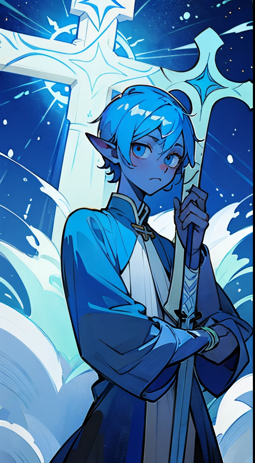Male water genasi, priest, blue skin, Full-length, holding a staff and a cross in his hands