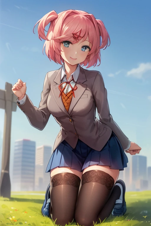 best quality, high resolution, unity 8k wallpaper, (illustration:0.8), (beautiful detailed eyes:1.6), extremely detailed face, perfect lighting, extremely detailed CG, (perfect hands, perfect anatomy), 2d, masterpiece, best quality, anime, highly detailed, cowboy shot, 1girl, solo, natsuki, pink eyes, two side up, hair ornament, short hair, blazer, brown sweater, collared shirt, neck ribbon, blue skirt,   looking at viewer, street city background. ((black stockings)), wide smile, ((sky from bellow:1.4)), ((show feets:1.4)), ((kneeling on grass)), ((school shoes))