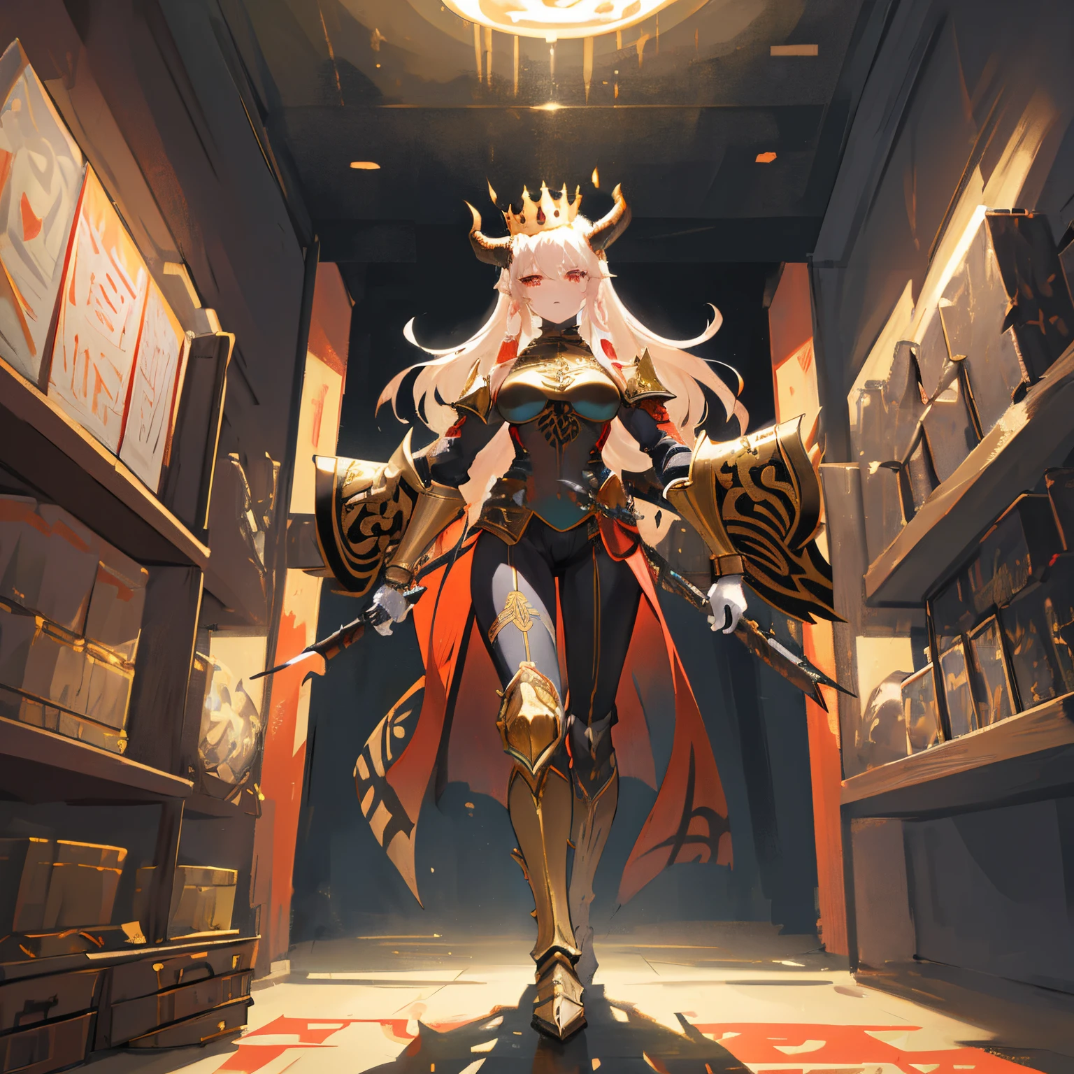 female warrior, concept art, author: Kishiganku, fantasy art, battlefield background, clean rendering, one horn, wearing armor with large breasts, detailed smoke-shaped bushido, helmet of a female forgotten deity, standing character , realistic 8k, in-game rendering, detailed face background detail, art station cover, taur, pseudo-medieval fantasy, a female deity wearing koi female armor, detailed bronze armor, bronze armor, gold etched armor , golden obsidian armor, light gold armor, magnificent filigree armor, a voluptuous demonic warrior, magnificent armor full of thorns, intricate female assassin armor, intricate metal armor, powerful warrior, dressed in beautiful golden armor, decorated with Intricate patterns, helmet has a large crown and two horns, glowing red female eyes, all in the dark, smoky background hints for battle scenes, adds a sinister aura to your character, submission, full body shot.