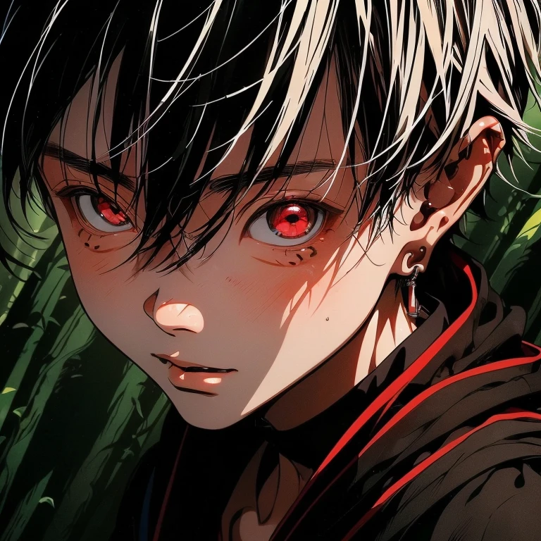 An asian boy with tanned skin,(the same person , 6 , with white haired and red eyes, wearing black robe, forest background, vagabond art style, kentaro miura art style, high angle, ( full body), detailed lighting and shadows, detailed, masterpiece,4k, good image, perfect face, good anatomy, cheerful, happy