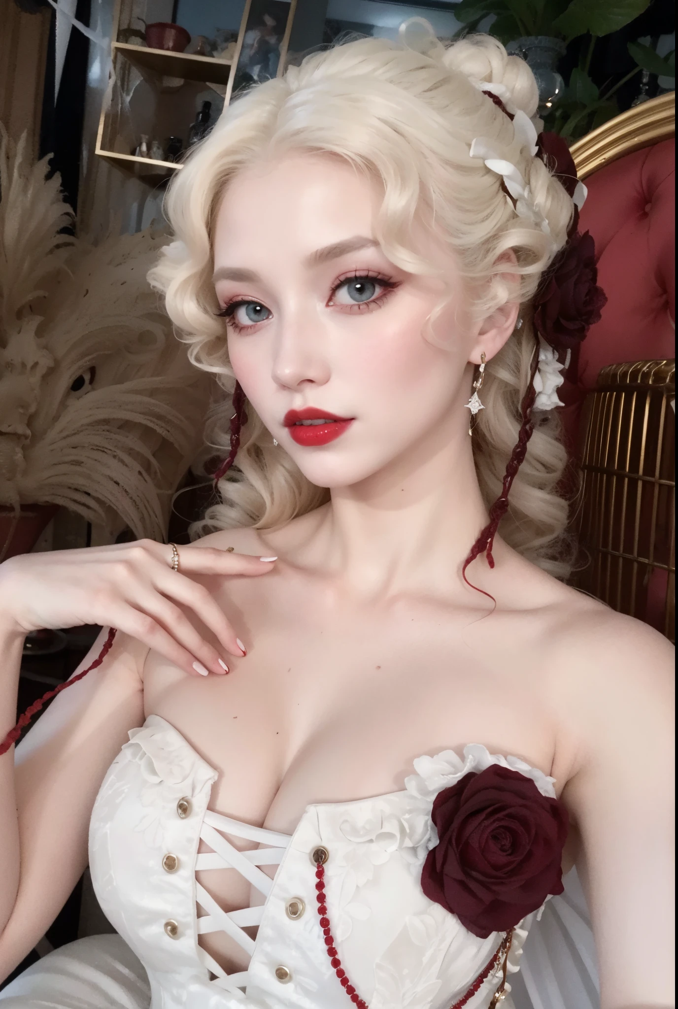 Blonde woman with red lipstick and white dress posing for a photo., Rococo Queen, Elegante vampiro victoriano, # RococoStyle, pale porcelain white skin, rococo cyberpunk, Porcelana piel blanca, Sha Xi, pale snow white skin, hermosa reina vampiro, inspirado in Eugène Isabey, Hermosa Delphine, RococoStyle, Rococo style portrait, porcelain pale skin
