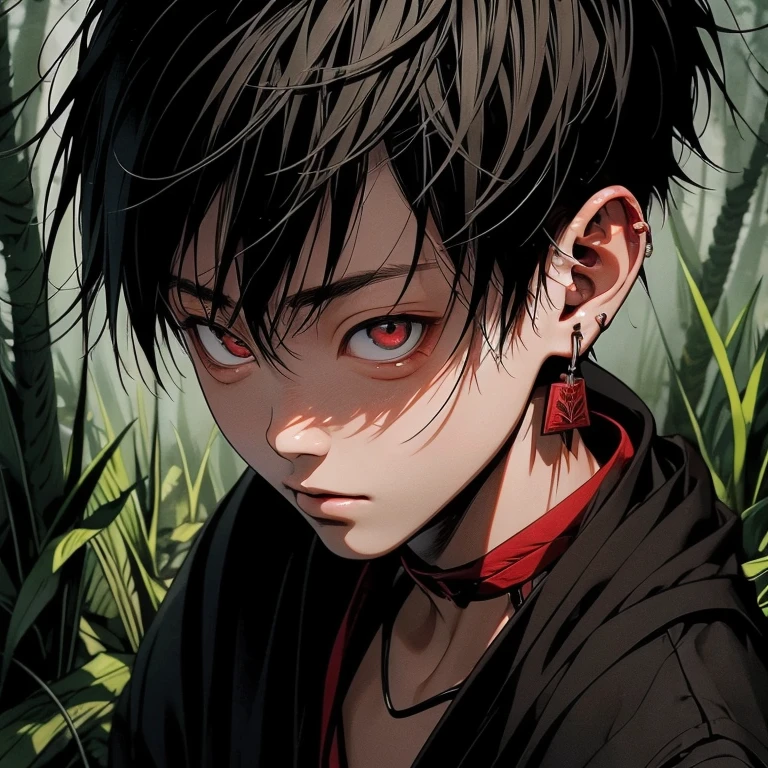 An asian boy with tanned skin,(the same person , 6 years old, with white haired and red eyes, wearing black robe, forest background, vagabond art style, kentaro miura art style, eye level angle, ( full body), detailed lighting and shadows, detailed, masterpiece,4k, good image, perfect face, good anatomy, cheerful, happy, good ears