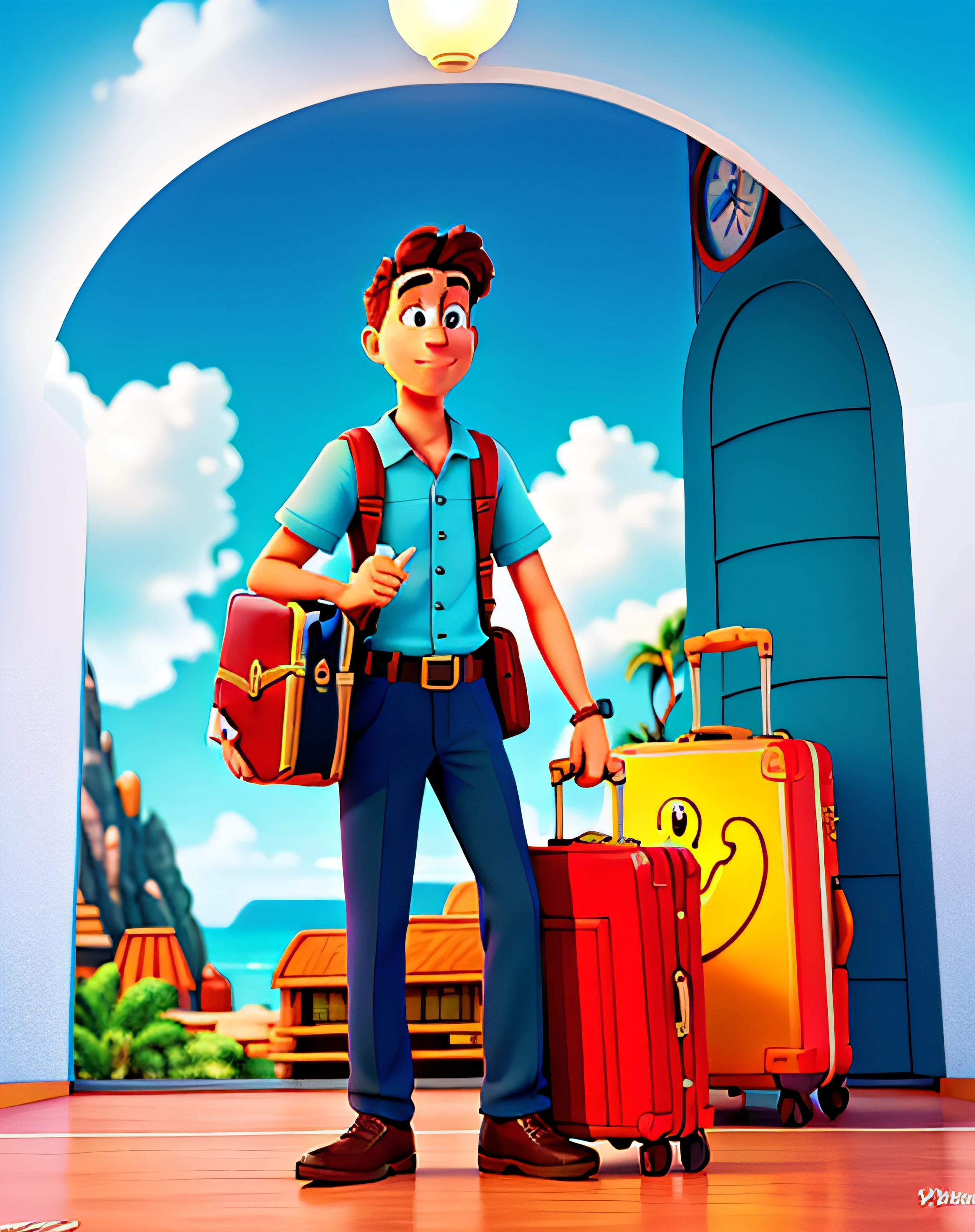 Disney poster man going on vacation with suitcase