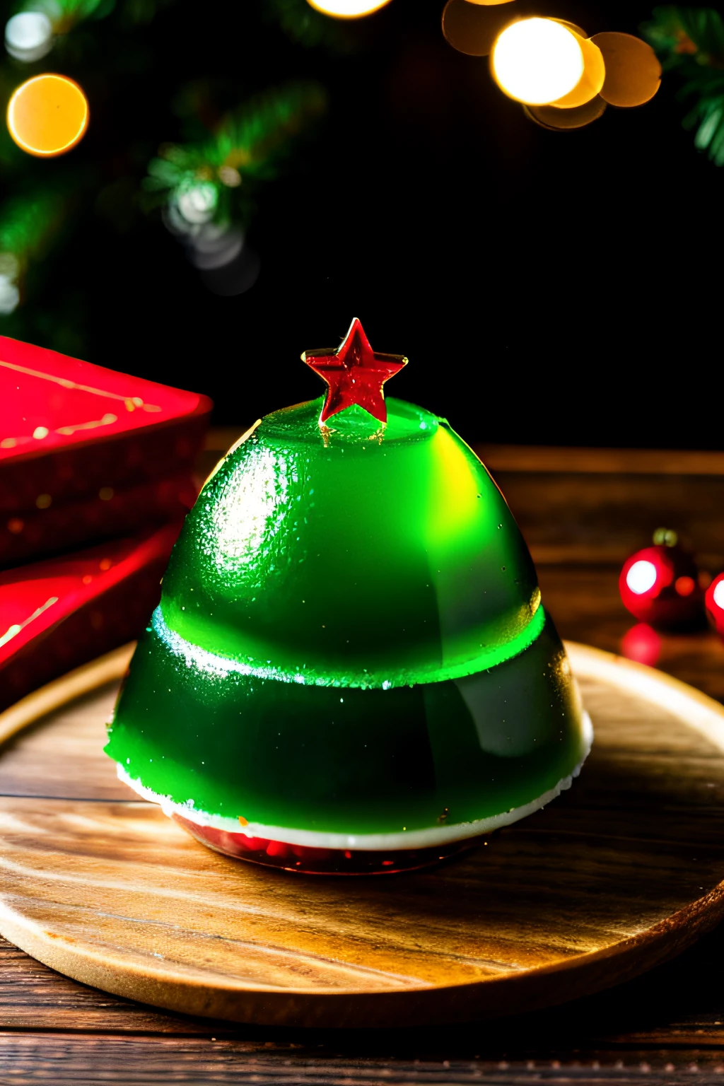 Delicious Christmas Jelly on a wooden table, with Christmas tree in the background.