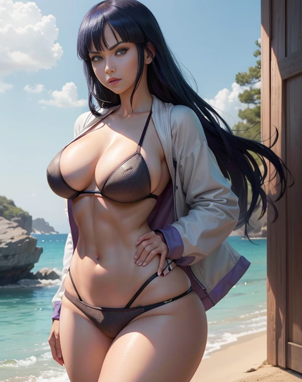 Hinata Hyuga, Extremamente Realista, extremamente sexy, muito linda, micro bikini, bunda grande, pernas grossas, 8K, Extremamente linda, rosto lindo, olhos realistas detalhados, boca detalhado, nariz detalhado, rosto detalhado