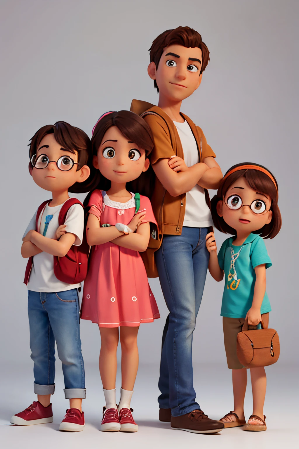 Personagens: Detailed Portraits of the Four Amigos Dress each character in clothing typical of 12-year-old teenagers, incluindo bermudas modernas, camisetas estilizadas, caps and backpacks on the back.
Adapt everyone&#39;s style to reflect their unique personalities.
Capture natural, authentic expressions that convey your friends&#39; curiosity and excitement.
Certifique-se de que cada rosto tenha detalhes expressivos, como olhares curiosos, smiles and maybe some more serious expression.Make sure the characters&#39; facial and physical characteristics include Personal Details:
Pay special attention to Pedro&#39;s prescription glasses, highlighting your uniqueness and incorporating them naturally into your facial expression.
Adicione detalhes como brincos, bracelets or other accessories that reflect each friend&#39;s personality For each portrait, insira um fundo que sugira a personalidade do personagem. Por exemplo, an open field for John, um ambiente urbano para Maria, etc.
Uplighting:
Use lighting that highlights facial features and highlights the texture of clothes, proporcionando um efeito tridimensional.
Brinque com sombras para adicionar profundidade aos retratos.
Posicionamento dos Personagens:
Consider the arrangement of portraits in relation to each other, creating a visually appealing and cohesive composition.
Add subtle hand or shoulder gestures to communicate the connection between friends.
Certifique-se de que a postura corporal reflete a personalidade de cada personagem.
Cores:
Mantenha uma paleta de cores coesa em todos os retratos, adding nuances and tones that complement each friend’s individual characteristics.
Olhar Direto para o Espectador:
Oriente o olhar dos personagens diretamente para o espectador, creating a sense of engagement and visual connection.
Pay attention to facial details, como sardas, cicatrizes ou covinhas, para adicionar autenticidade e singularidade a cada personagem.
Estilo Disney Pixar, alta