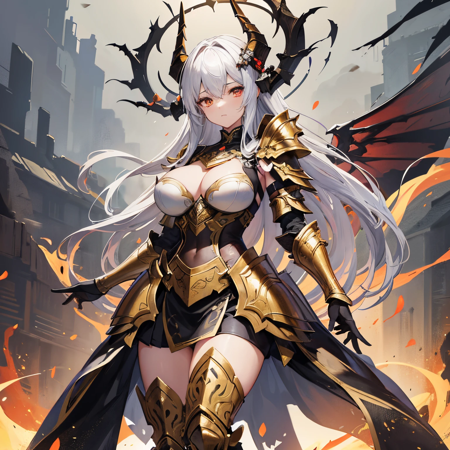 female warrior, concept art, author: Kishiganku, fantasy art, battlefield background, clean rendering, one horn, wearing armor with large breasts, detailed smoke-shaped bushido, helmet of a female forgotten deity, standing character , realistic 8k, in-game rendering, detailed face background detail, art station cover, taur, pseudo-medieval fantasy, a female deity wearing koi female armor, detailed bronze armor, bronze armor, gold etched armor , golden obsidian armor, light gold armor, magnificent filigree armor, a voluptuous demonic warrior, magnificent armor full of thorns, intricate female assassin armor, intricate metal armor, powerful warrior, dressed in beautiful golden armor, decorated with Intricate patterns, helmet has a large crown and two horns, glowing red female eyes, all in the dark, smoky background hints for battle scenes, adds a sinister aura to your character, submission, full body shot.