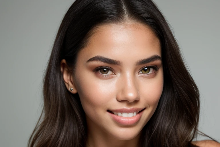beautiful brazilian model, Daiane sodre, long dark hair, very full lips, big lips, smile, straight teeth, natural skin, thick eyebrows, dark green eyes, small nose, shiny hair, very detailed, Adriana lima, richly defined face, most beautiful woman on earth, flawless face, defined cheekbones, glossy eyes, eyebrows, Kim kardasian, thick eyebrows, sleek eyes, big bold thick eyebrows, dewy skin, perfect face and eyes, clean perfect symmetrical face