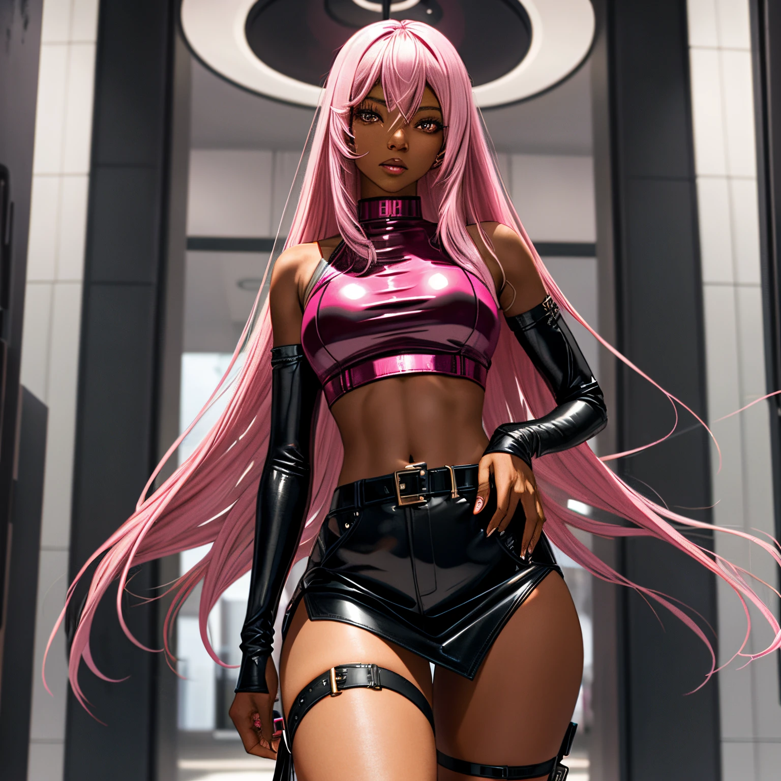 Sexy skinny ebony skinned female, wearing whore outfit, busty, thicc thighs, has long pink hair, perfect pink iris, perfect face, masterpiece, solo, alone, (SOLO)(ALONE) showing belly, out in public, leather skirt