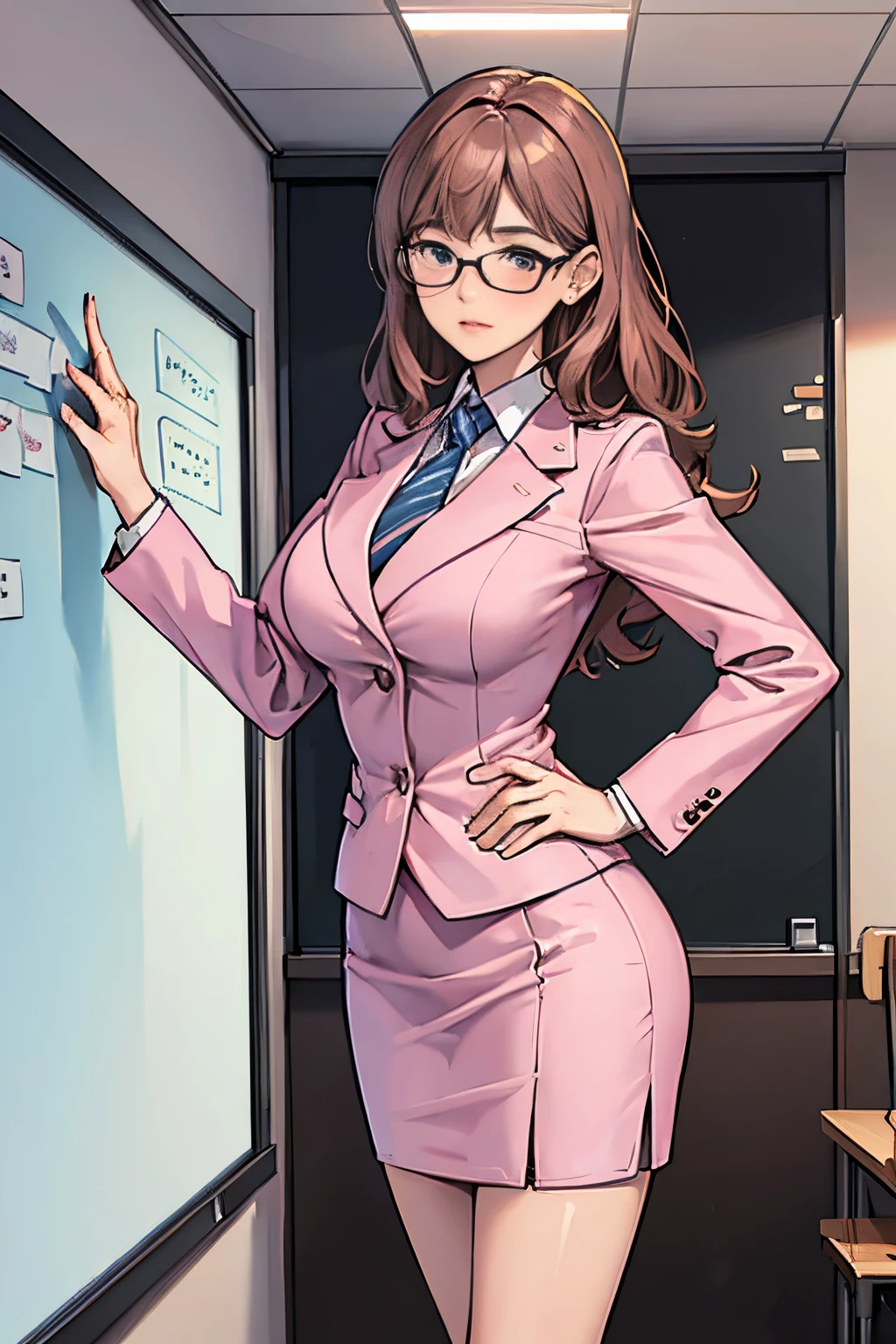 (Secretary Woman:1.3), (businessman:1.2), (Standing posture:1.2), (whiteboard:1.3), (Thought expression:1.2), (Planning Sessions:1.1), (Office Background:1.0), (pink skirt suit:1.1), (long curly brown hair:1.1), (Write on the board:1.0), (Retention markers:1.1), (Papers on hand:1.0), (Discussion gestures:1.1), (Point to the board:1.0), (Collaborative atmosphere:1.2), (Lighting from the window:1.0)
