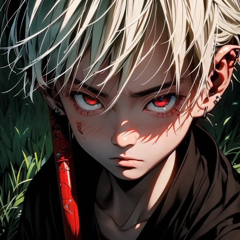 An asian boy with tanned skin,(the same person , 6 , with white haired and red eyes, wearing black robe, forest background, vagabond art style, kentaro miura art style, high angle, ( full body), detailed lighting and shadows, detailed, masterpiece,4k, good image, perfect face, good anatomy, grimacing in pain, pained expression, scratch on cheeks.