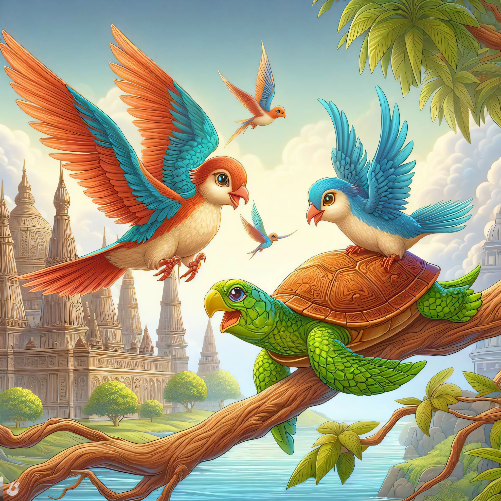 painting of two birds and a turtle on a tree branch, mystical birds, isometric 3d fantasy turtle, birds f cgsociety, background artwork, great a'tuin, awesome, very detailed birds, cute detailed digital art, detailed digital 2d fantasy art, three birds flying around it, fantasy matte painting，cute, fantasy highly detailed, a beautiful artwork illustration