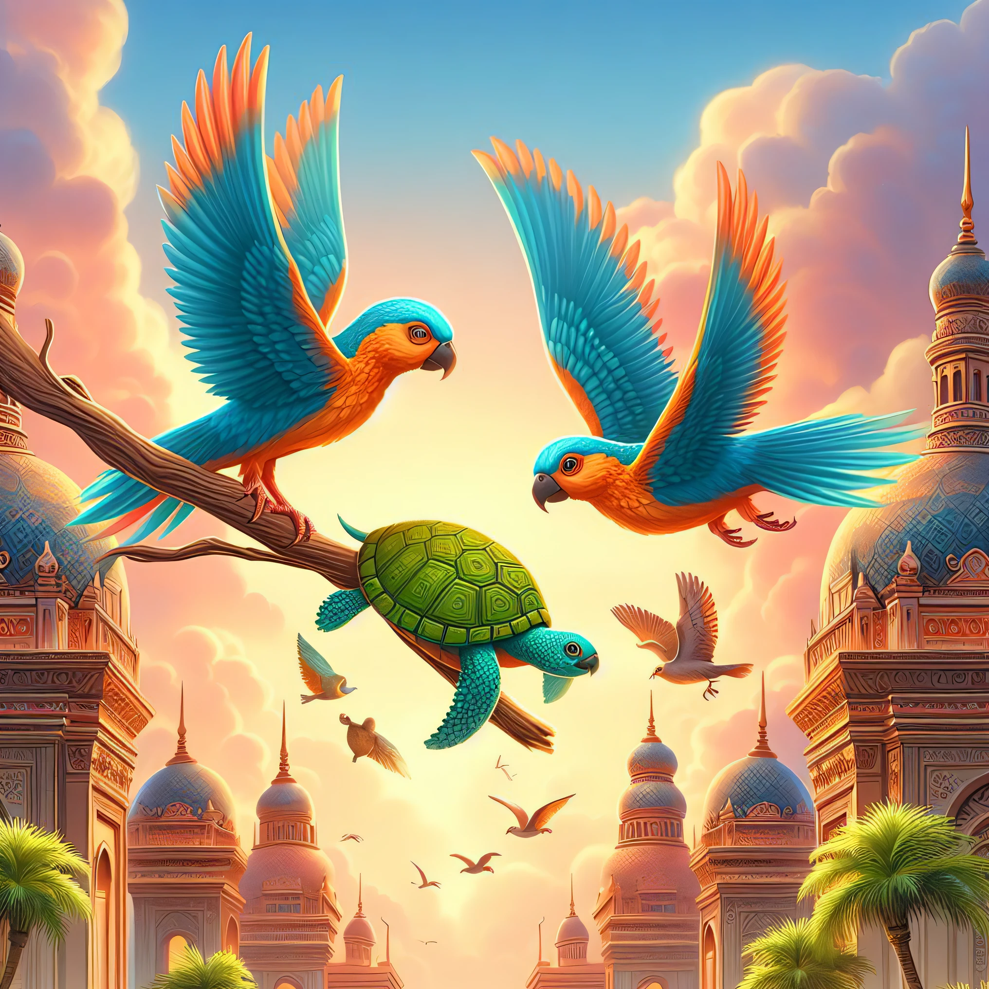 there are two birds flying over a turtle on a tree branch, birds f cgsociety, inspired by Kerembeyit, by Kerembeyit, highly detailed digital artwork, mystical birds, highly detailed background, background artwork, 8k high quality detailed art, by Alexander Kucharsky, inspired by the Brothers Hildebrandt, a beautiful artwork illustration