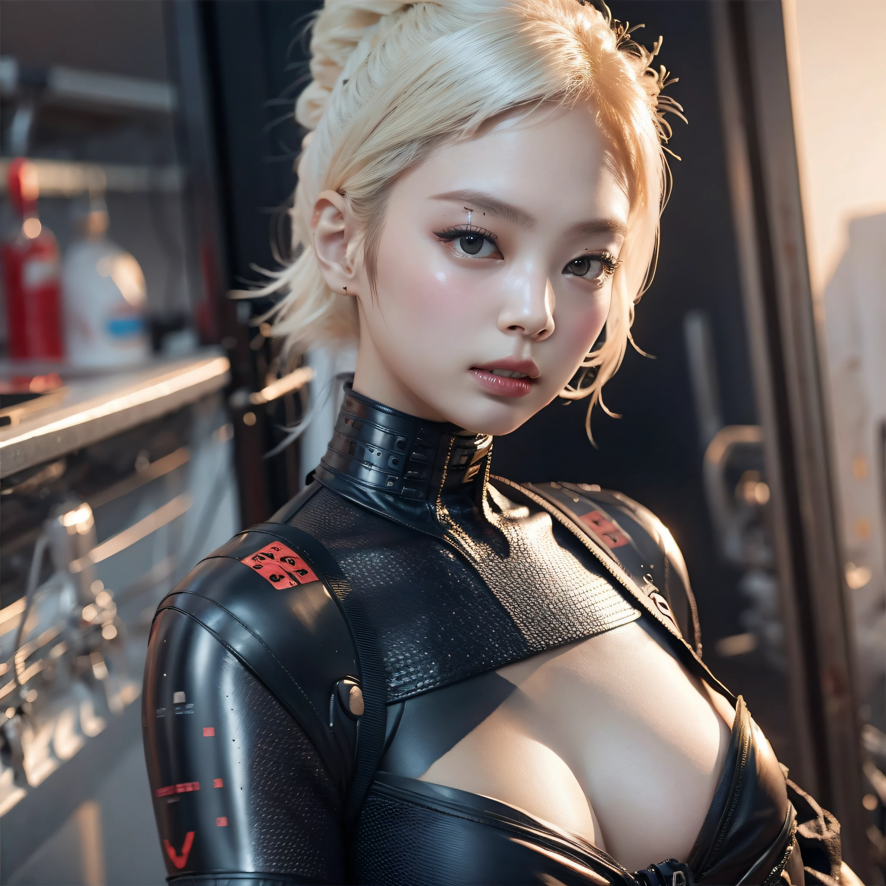 bright eyes, super detailed, black short hair, blood and wounds, stab wounds on body, dirty clothes, Jennie Kim, 30 yrs old girl, cyberpunk sexy suit, white hair, side view post,