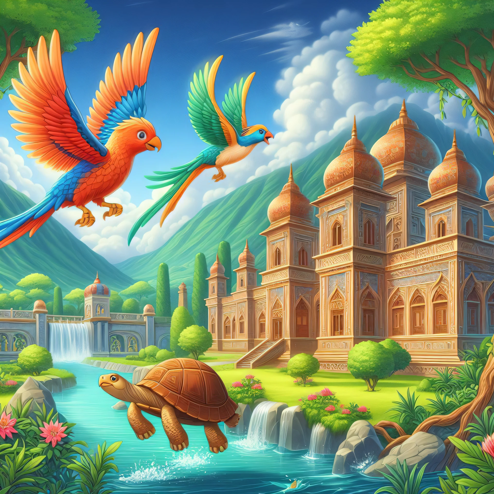 a painting of a bird flying over a turtle and a castle, palace background, detailed fantasy illustration, royal garden background, background artwork, 8k high quality detailed art, magic fantasy highly detailed, beautiful art uhd 4 k, fantasy highly detailed, very detailed paradise, beautiful detailed fantasy, a beautiful artwork illustration, detailed fantasy digital art, highly detailed background