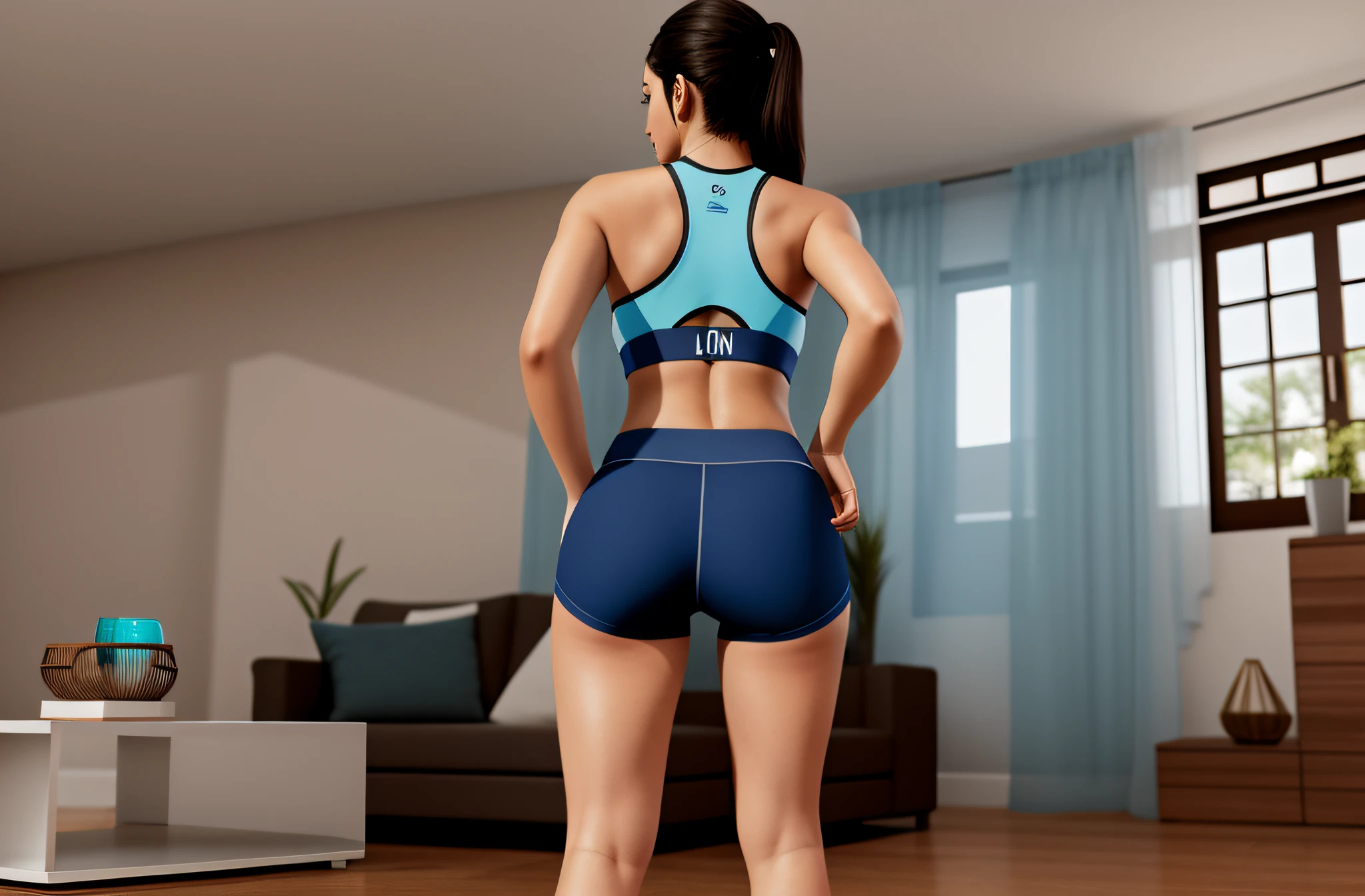 there is a woman standing on a scale in a living room, sport bra and dark blue shorts, sport bra and shorts, Back from Toned, malhar, Bermudas, derriere em tons de forma, tiro longo das costas, from the back, back pose, tiro pelas costas, Costas - Pneu, seen from back, tiro longo de costas