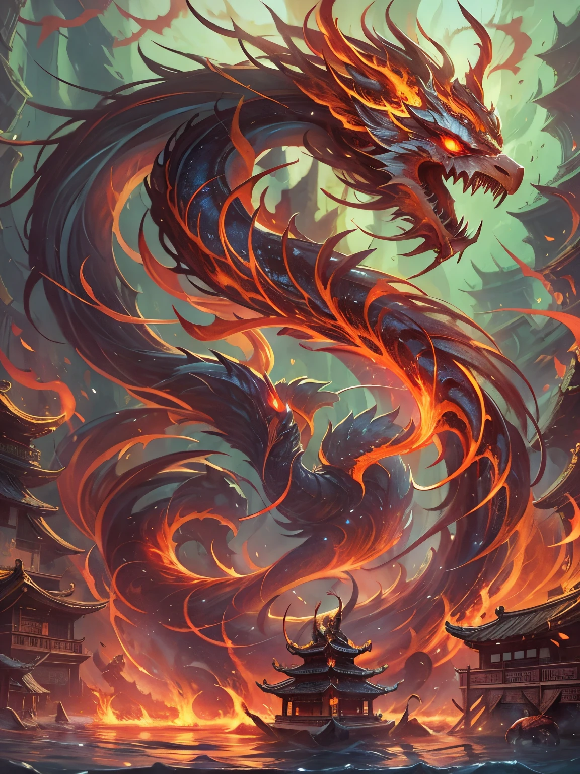 Chinese mythology,fenghuang,Wing-like red flames spread around the body,firey,the fire,thick feather eater,Super close,Sharp focus quality,8K分辨率,tmasterpiece,artwork of a,overclocking
