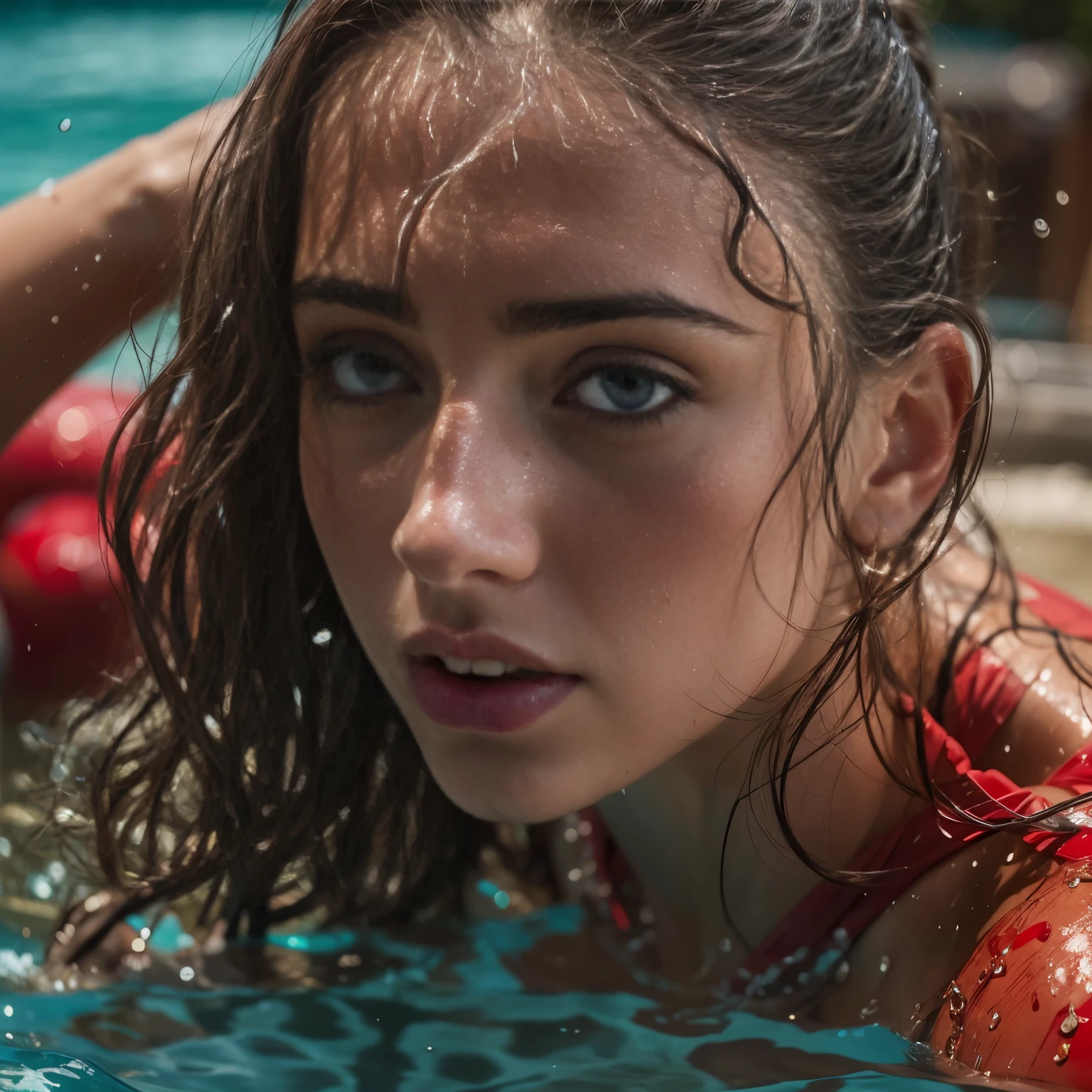 beautiful girl in red  bikini , long wet hair, wet face,  perfect body,  near aswimming pool, she looks seductively at the camera , noon, with the face of Timothee chalamet