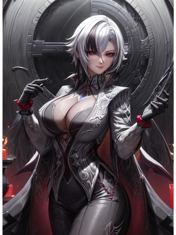 masterpiece, best quality ,ultra-detailed, very detailed illustrations, extremely detailed, intricate details, highres, super complex details, extremely detailed 8k cg wallpaper, monochrome, black and white picture, caustics, reflection, ray tracing,1girl, super detailed face, Extremely detailed eyes, beautiful eyes, highres eyes, solo, white hair, black hair, multicolored hair, black eyes, x-shaped pupils, gloves, arle_suit, upper body, seductive smile, jewelry, looking_at_viewer, signature, solo, standing, unbuttoned clothes, (boobs:1.1), holding whip, (dark room:1.4), low light, moonlight dark, night, (at the centre of picture:1.2)