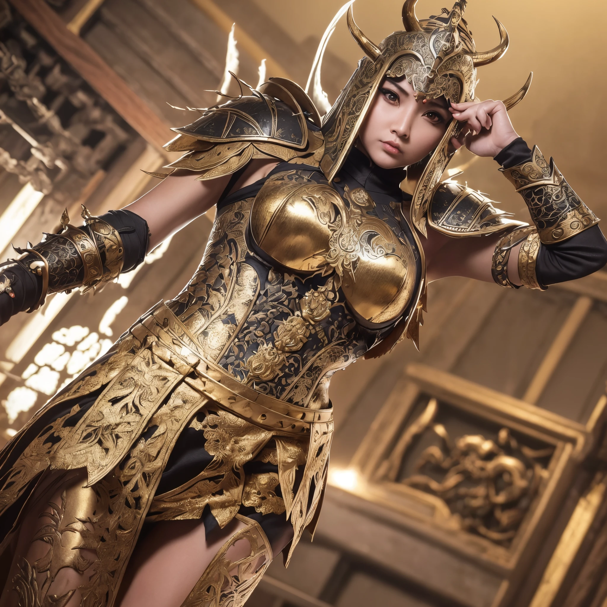 female warrior, concept art, author: Kishiganku, fantasy art, battlefield background, clean rendering, one horn, wearing armor with large breasts, detailed smoke-shaped bushido, helmet of a female forgotten deity, standing character , realistic 8k, in-game rendering, detailed face background detail, art station cover, taur, pseudo-medieval fantasy, a female deity wearing koi female armor, detailed bronze armor, bronze armor, gold etched armor , golden obsidian armor, light gold armor, magnificent filigree armor, a voluptuous demonic warrior, magnificent armor full of thorns, intricate female assassin armor, intricate metal armor, powerful warrior, dressed in beautiful golden armor, decorated with Intricate patterns, helmet has a large crown and two horns, glowing red female eyes, all in the dark, smoky background hints for battle scenes, adds a sinister aura to your character, submission, full body shot.