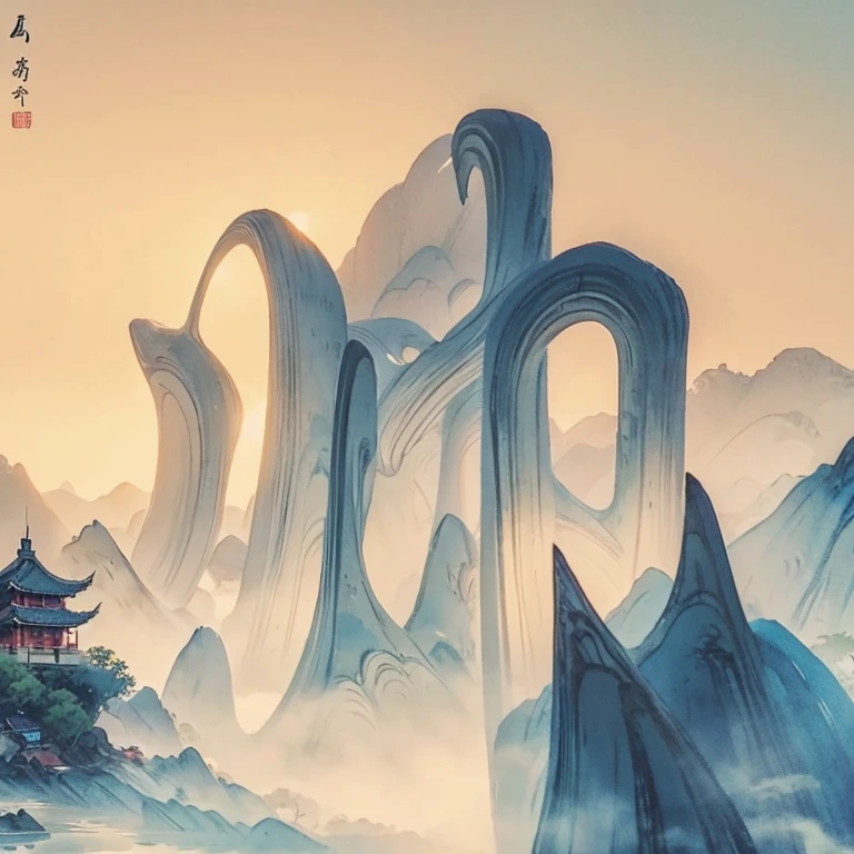 Mountain painting with a pagoda on a small island, chinese watercolor style, chinese painting style, digital painting of a pagoda, Chinese landscape, traditional Chinese watercolor painting, Chinese-style painting, Japan Art Style, Highly detailed watercolor 8k, highly detailed water colour 8 k, detailed painting 4 k, author：Hero, Japanese painting, author：Qu Leile