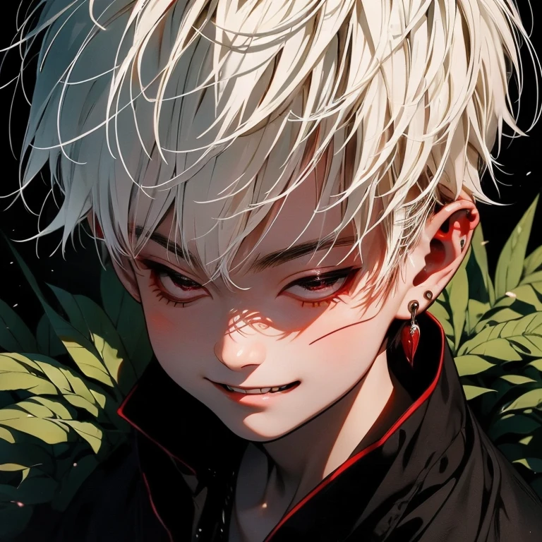 An white haired asian boy with tanned skin,(the same person , 6 years old, with white haired and red eyes, wearing black robe, forest background, vagabond art style, kentaro miura art style, high angle, ( full body), detailed lighting and shadows, detailed, masterpiece,4k, good image, perfect face, good anatomy, both eyes closed, laughing ,cheerful.