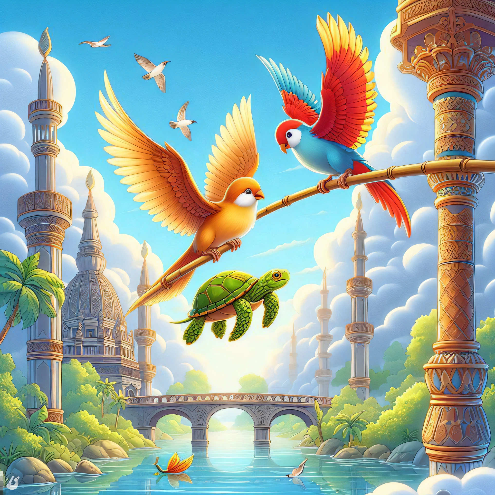 painting of two parrots flying over a river with a bridge in the background, mystical birds, a beautiful artwork illustration, beautiful art uhd 4 k, birds f cgsociety, highly detailed digital artwork, colorfull digital fantasy art, inspired by Kerembeyit, beautiful digital artwork, river with low flying parrots, awesome, 8k high quality detailed art