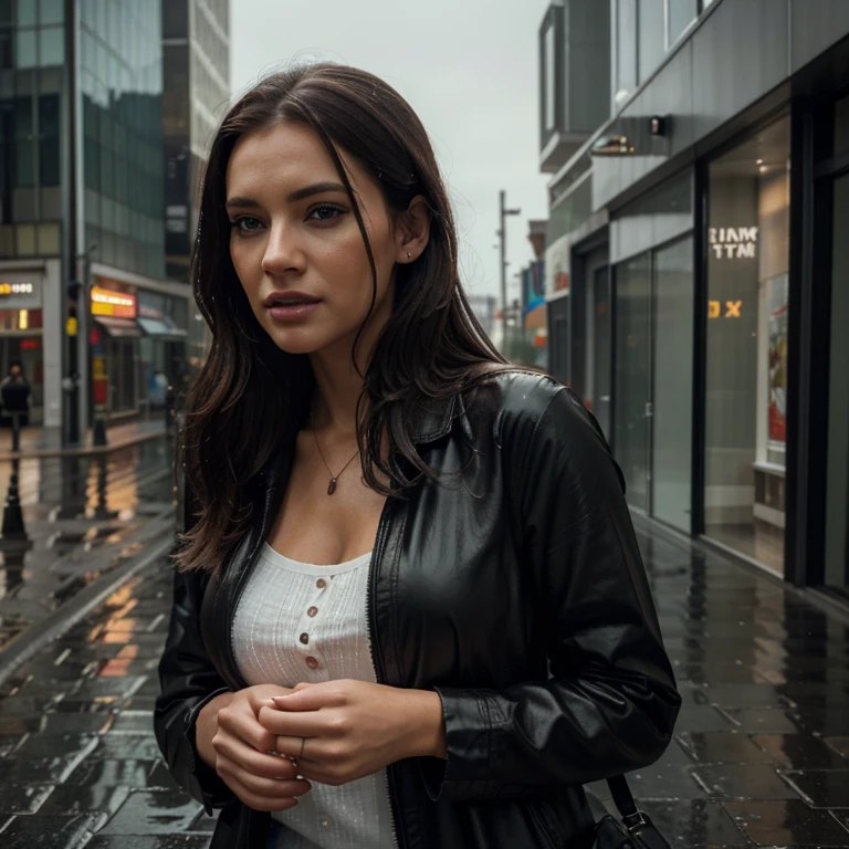 Lonely Housewife woman in rainy city, HD, 4K, ultra-detailed,(realistic,photorealistic,photo-realistic:1.37)