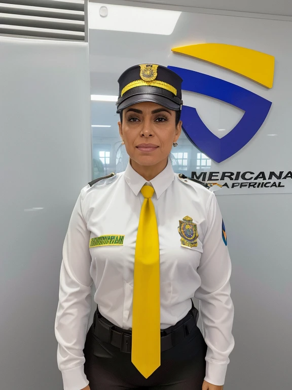 Mujer Arafian en uniformee de pie frente a un cartel, Agente de seguridad, lorena avarez, fernanda suarez, adriana dxim, oficial, Karla Ortiz, Uniforme completo, aspecto femenino, uniforme, Blanca Alvarez, Mariscala Becker, en uniformee, valentina revolver, seguridad, alanis guillen, postura frontal, by Amelia Peláez