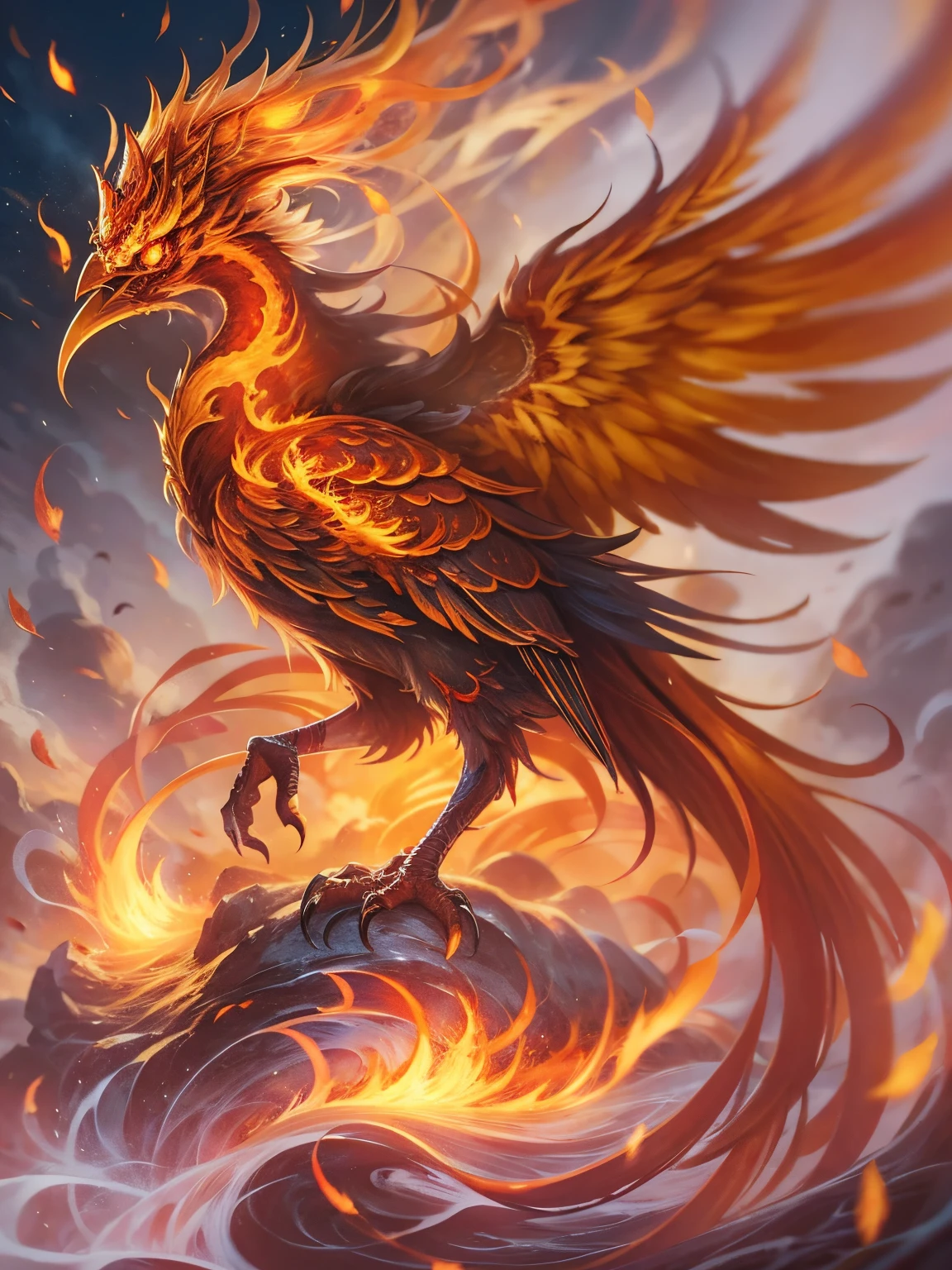 Chinese mythology,firebird,Wing-like red flames spread throughout the body,Fiery,firey,thick feather eater,Super close,Sharp focus quality,8K分辨率,tmasterpiece,a work of art,overclocking