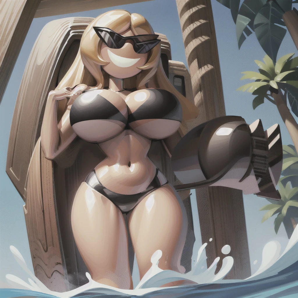 sunnymiamitf, huge , narrow waist, wide hips, teeth, sunglasses, curly hair, long hair, blonde hair, parted bangs, black bikini, strapless bikini