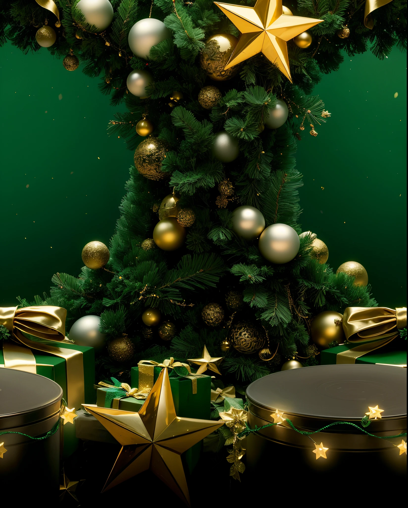 A Christmas themed background with green background and symmetry gold and silver decorations
