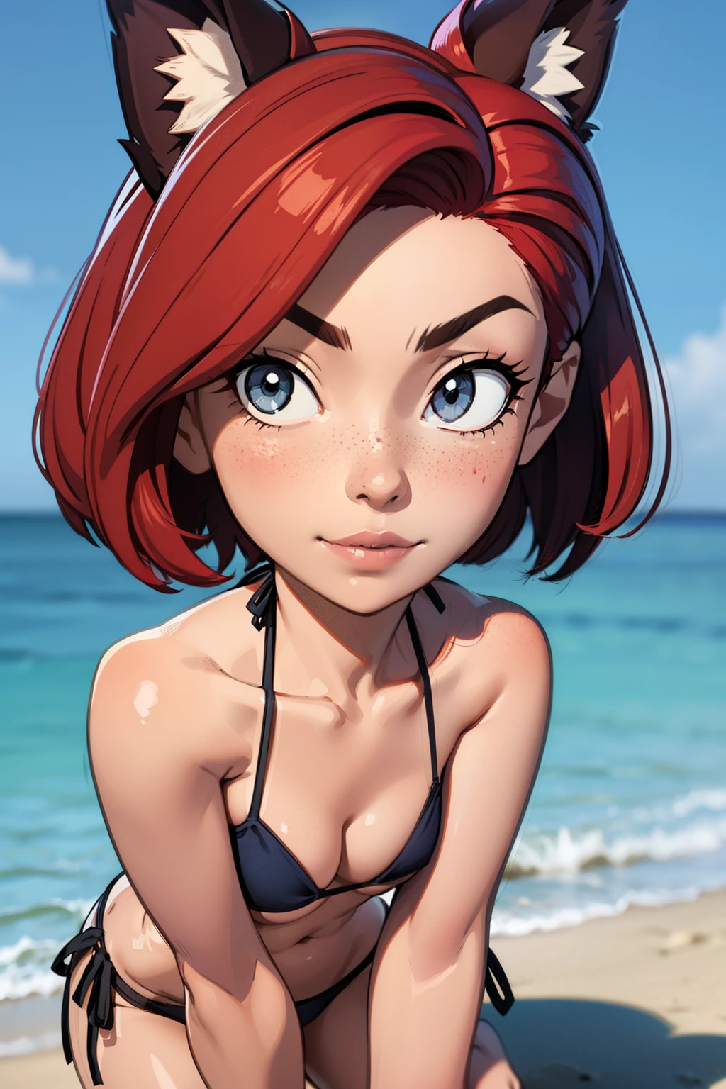 1girl, full body, teenager, solo, (short pixie cut Hair, undercut red hair: 1.28), ((light gray eyes)), some small freckles, (dark fox ears: 1.35), pale skin, small breasts, cleavage, (thin hips, thin waist , athletic body: 1.25),  background, looking away, (wearing only a bikini: 1.5), groping chest, kneeling in the sand, at a beach, masterpiece, best quality,3d rending work ,3DMM style, close-up, portrait, 3D,