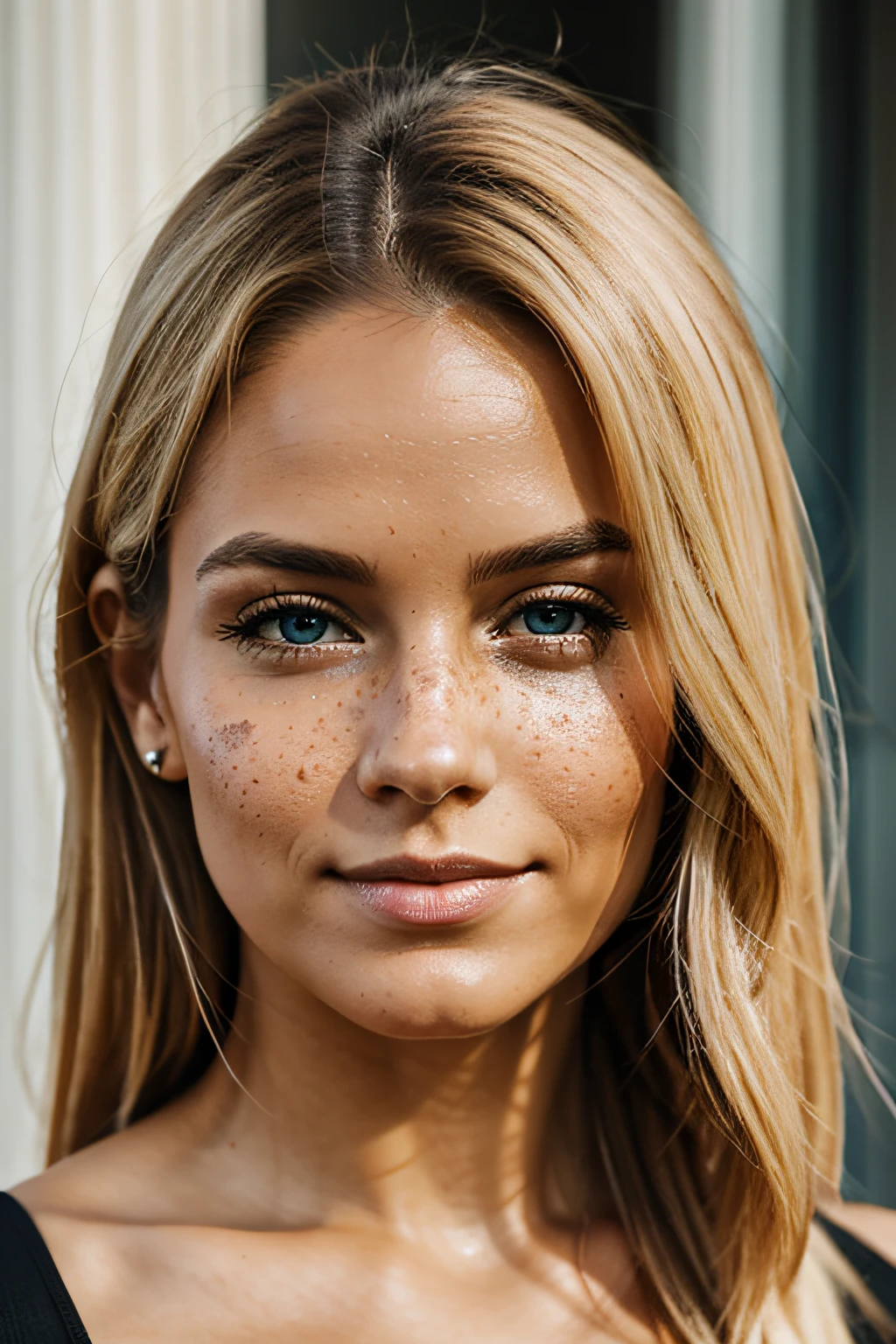 realistic photo headshot of a beautiful blonde female freckles detailed skin