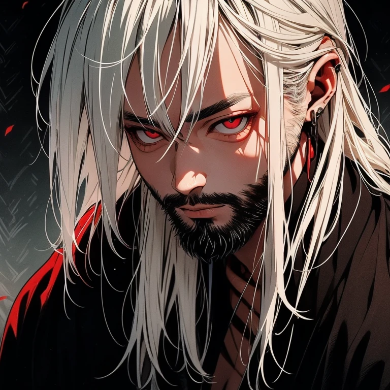 A man, greenish and dirty skin, long hair up to the neck, straight white hair, especially black, Dark scene, Shot in 16K resolution, high resolution, anatomically realistic digital painting, very detailed human skin, very detailed eyes, threatening and cold eyes, facial expression of contempt, around him has several terrifying shadows, shade of red on the clothes,   shade of red in the background --auto --s2