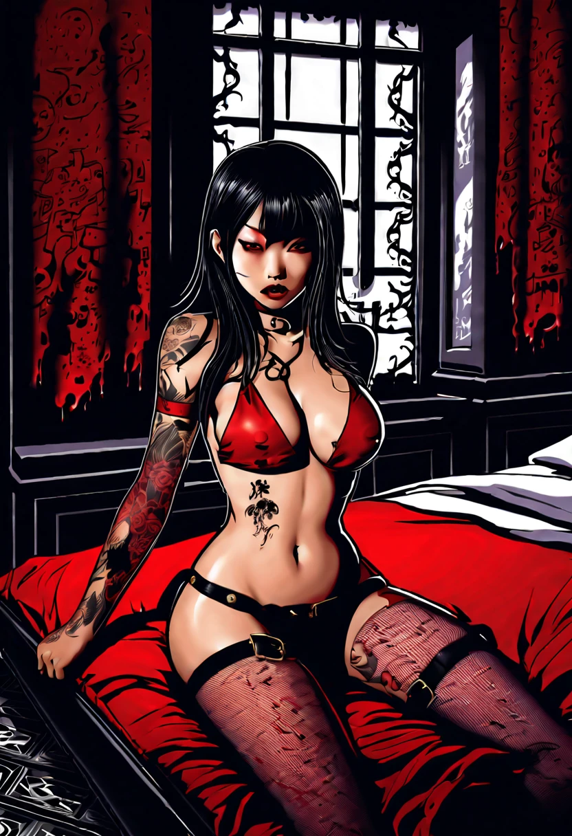 best quality ,magnificent, dark shadowy night, gothic mansion bedroom illuminated by a single candle beautiful gothic Asian vampire woman with yakuza style tattoo all over her body  wearing black and red leather   and black fishnet stockings with a red garter she hides in the bed with her  backside revealed, backside, angry and showing her long fangs with blood dripping from the corner of her mouth, , 