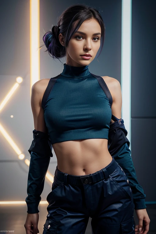 Award-winning half-body portrait of a beautiful woman in a crop top and cargo pants with ombre navy blue teal hairstyle with moving head and flying hair, Farbspritzer, bespritzen, Outrun, Vaporware, Schattierte flache Illustration, Digitale Kunst, Auf ArtStation im Trend, Highly detailed, Feine Details, kompliziert