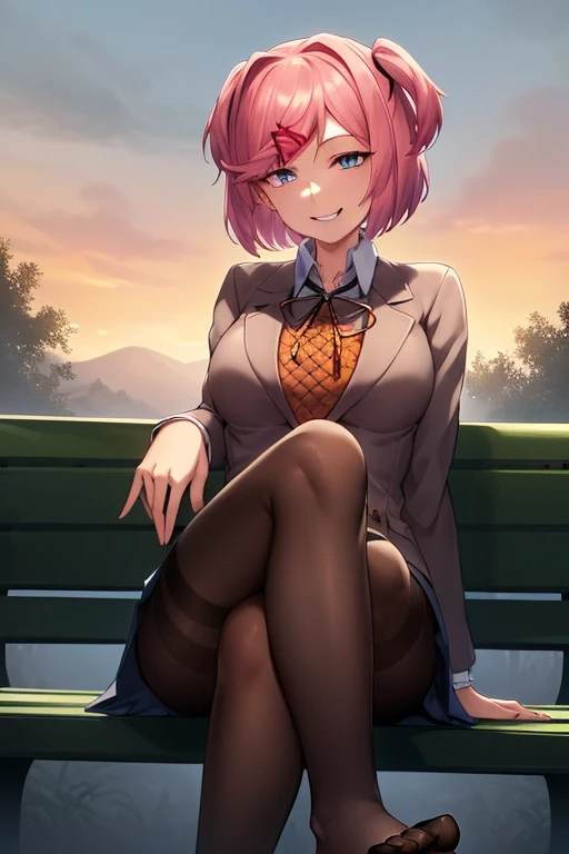 best quality, high resolution, unity 8k wallpaper, (illustration:0.8), (beautiful detailed eyes:1.6), extremely detailed face, perfect lighting, extremely detailed CG, (perfect hands, perfect anatomy), 2d, masterpiece, best quality, anime, highly detailed, cowboy shot, 1girl, solo, natsuki, pink eyes, two side up, hair ornament, short hair, blazer, brown sweater, collared shirt, neck ribbon, blue skirt, looking at viewer, playground background. ((black pantyhose)), ((finger on moutch)), ((sadistic smile:1.4)), ((sky from bellow:1.4)), ((presenting feet:1.4)), ((sitting on bench)), ((Crossed legs)),