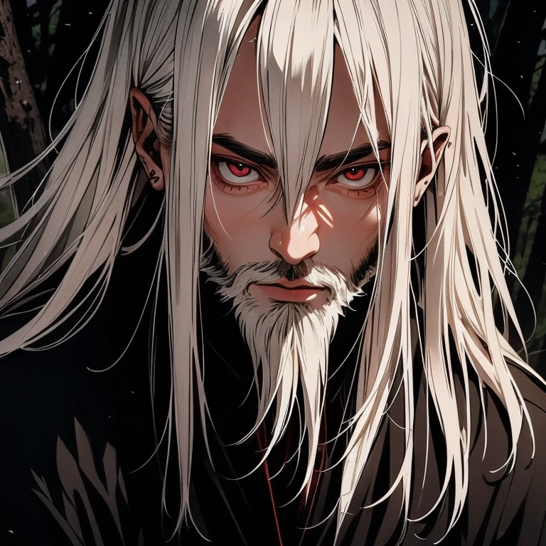 An white haired asian male with tanned skin,(the same person , 26 years old, short white beard with long white hair and red eyes, wearing black robe), forest background, vagabond art style, kentaro miura art style, eye level angle, ( full body), detailed lighting and shadows, detailed, masterpiece,4k, good image, perfect face, good anatomy, stoic expression.