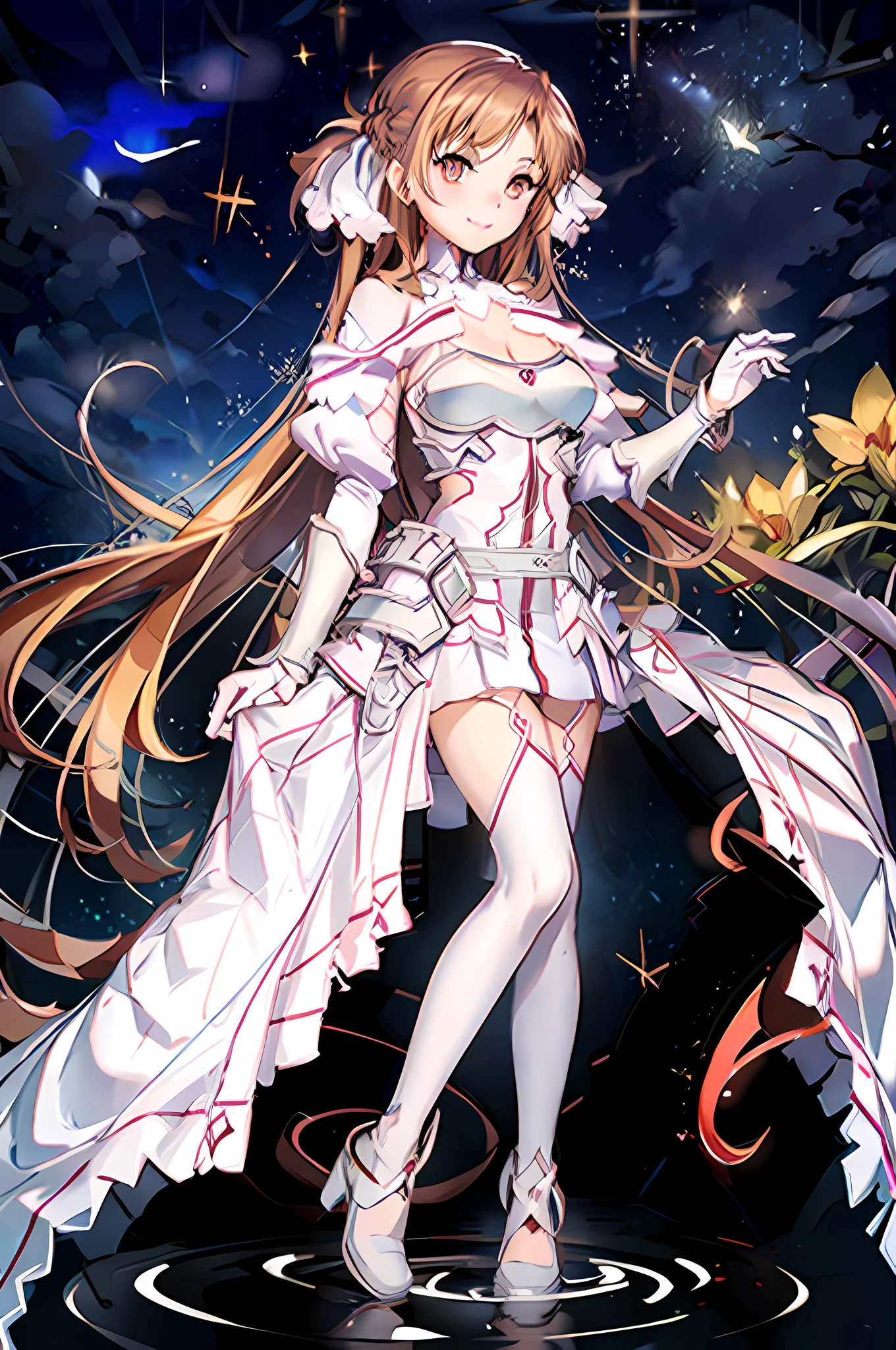 masterpiece, best quality, perfect anatomy, ultra detailed, stacia, 1girl, solo, anime, highly detailed face, highly detailed background, perfect lighting, long hair, full body, footwear, standing, looking at viewer, bangs, loving smile, brown eyes, beautiful background, night sky, thighhighs, gloves, dress, cleavage, large breasts, slim curvy body, bare shoulders, very long hair, white gloves, white dress, armor, white thighhighs, garter straps, white armor