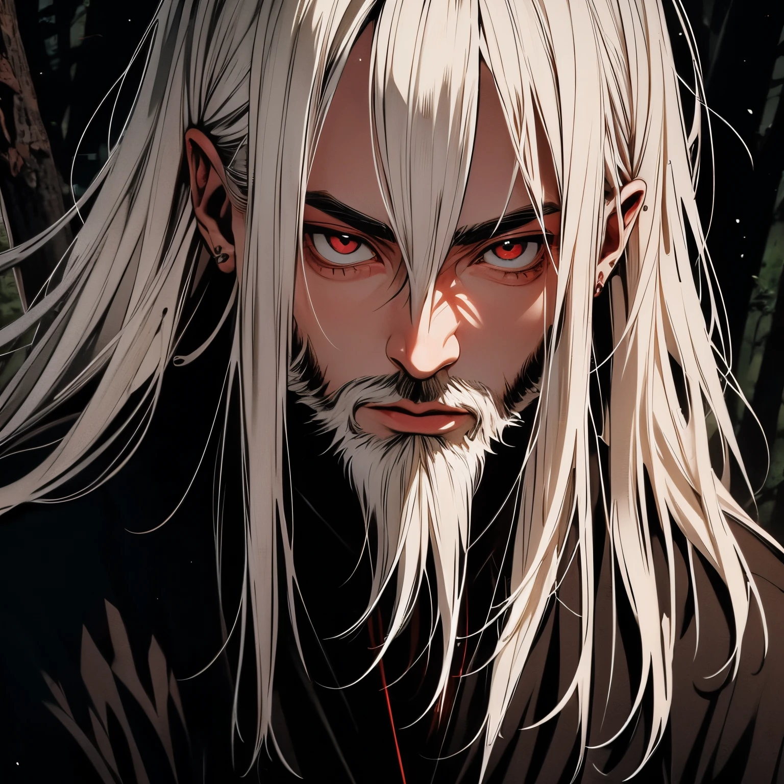An white haired asian male with tanned skin,(the same person , 26 years old, trimmed beard with long white hair and red eyes, wearing black robe), forest background, vagabond art style, kentaro miura art style, eye level angle, ( full body), detailed lighting and shadows, detailed, masterpiece,4k, good image, perfect face, good anatomy, stoic expression.