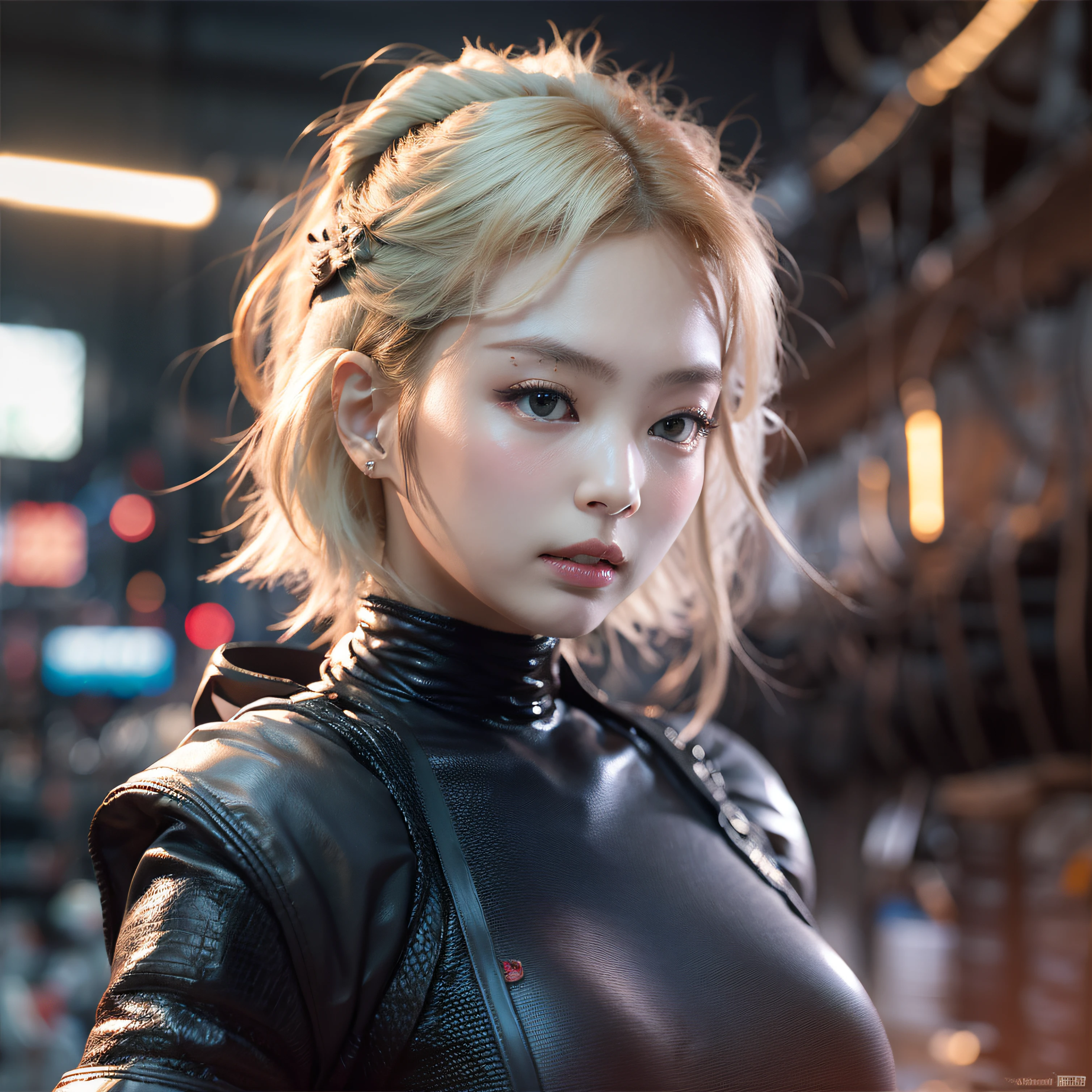 bright eyes, super detailed, black short hair, blood and wounds, stab wounds on body, dirty clothes, Jennie Kim, 30 yrs old girl, cyberpunk sexy suit, white hair, side view post, neon.