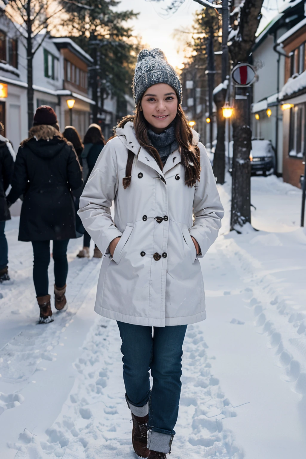 photo realistic image of a girl in warm clothing in snow in sweden going to work